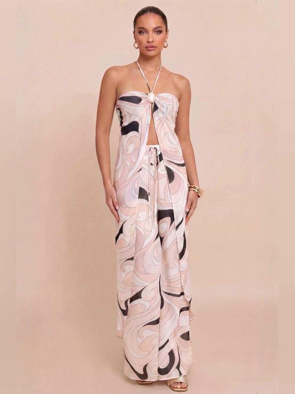 NWT Luxxel Moonstone Pink Swirl Wide Leg 2-Piece Set | Chic Matching Set